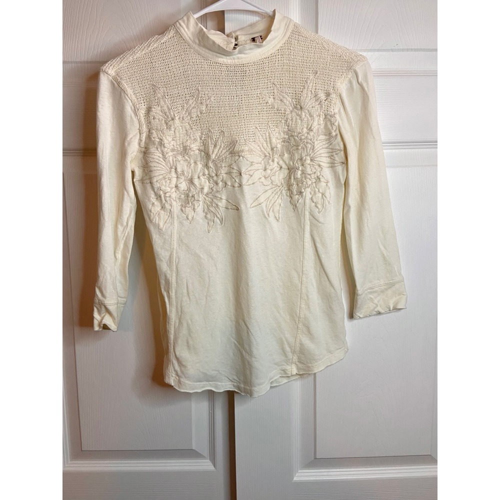 Free People Ivory Cotton Linen Floral Embroidered Crochet Mock Neck Top Small